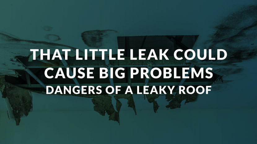 Text that says, " That little leak could cause a big problem. Dangers of a leaky roof."