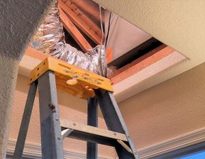 Ladder leading up to an attic for mold inspection.