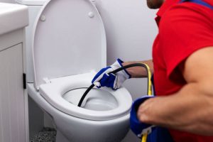Professional plumbers unclogging a toilet.