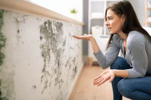 Confused woman looking at mold on her wall wondering if mold can grow on concrete.