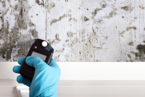 Mold remediation expert testing for mold on concrete surface inside a home.